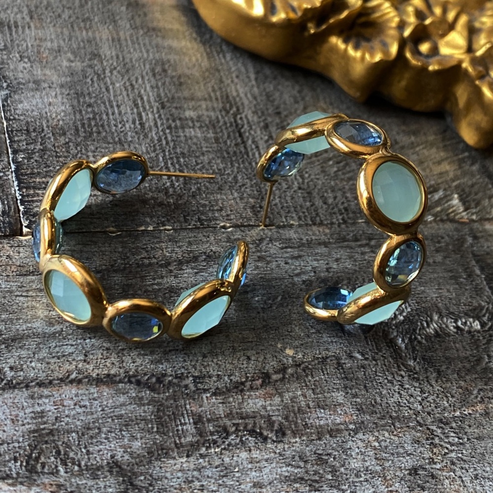 NEW Gold & Blue Stones Chunky Hoop Earrings - Picture 13 of 16